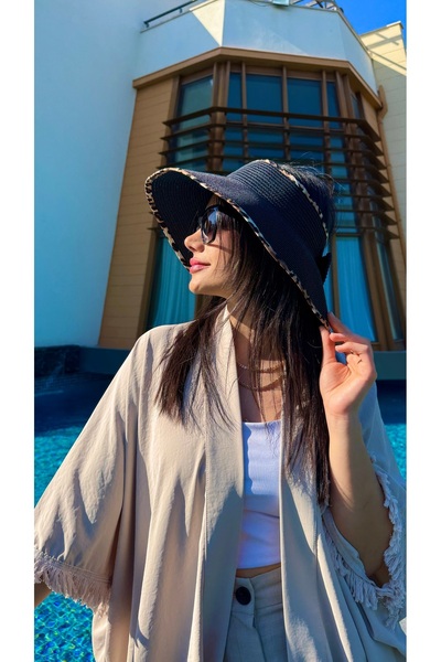 Luminos Butik Siyah Güneş Koruyucu Leopar Şerit Detaylı Katlanabilir Hasır Vizör Şapka Hsr2076