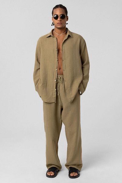 VAMOSCLO Baggy Fit Muslin Linen Trousers Khaki