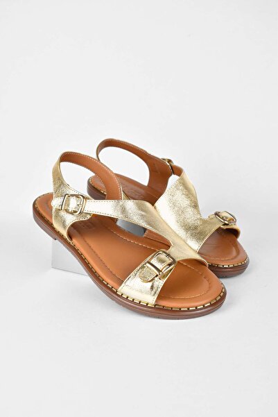 birizmoda Sandale de vară cu toc scurt din piele naturală pentru femei - auriu metalic