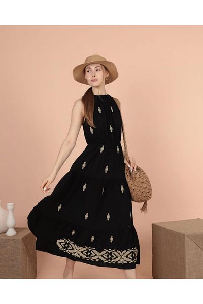 EL jadida Women's Halter Neck Embroidered Plus Size Viscose Long Dress Black Mink