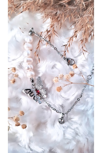 Serenity سوار مطلي بالفولاذ مرصع بحجر الزركون اللؤلؤي على شكل فراشة