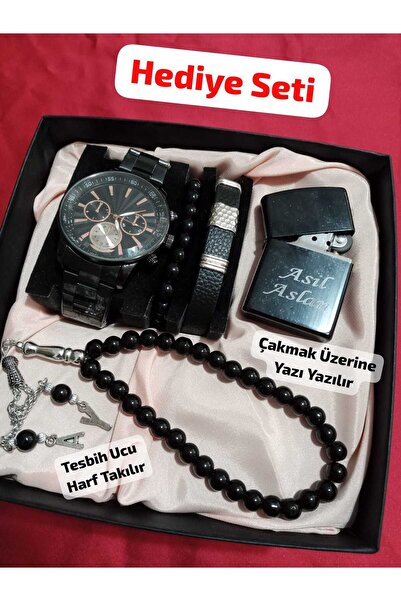 Brality Özel Kutulu Hediyelik Çakmaklı Erkek Kombin Saat Seti ( 5 Parça'lı Ak...