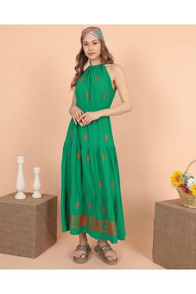 EL jadida Women's Halter Neck Embroidered Plus Size Viscose Long Dress Green