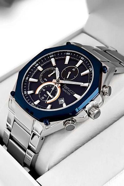 Ferrucci Function Blue Color Case and Silver Color Steel Band Men's Wrist Watch Zmfer063
