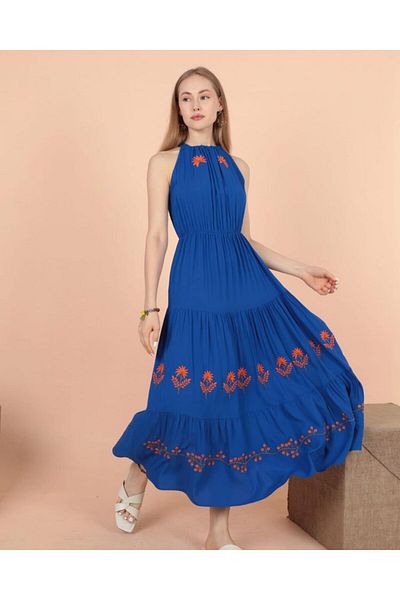 EL jadida Women's Halter Neck Embroidered Plus Size Viscose Long Dress Saks