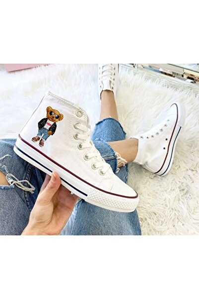 LEVENT ÖZCAN Teddy Bear Ayıcık Baskılı Beyaz Bilekli Spor Ayakkabı Çocuk Sneaker