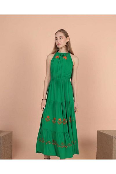 EL jadida Women's Halter Neck Embroidered Plus Size Viscose Long Dress Green