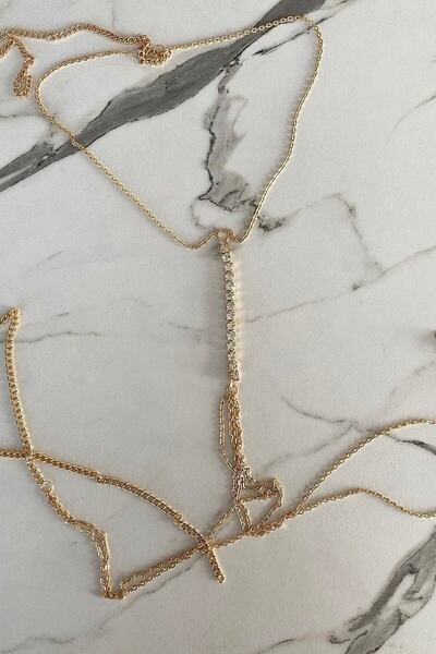 Classy Gömme Zirkon Taşlı Vücut Aksesuarı, Vücut Takısı, Su Yolu Vücut Takısı, Ortası Kristal Taşlı Takı