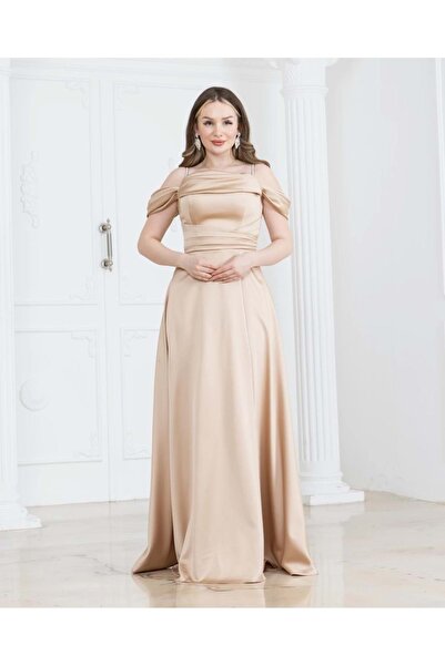 ETİQET 25Y6118 ABİYE AÇIK SATEN UZUN GÖĞÜS DROPELİ DÜŞÜK OMUZ BEJ