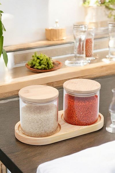 LUMİNA Set of 2 Bamboo Spice Jars - 2 Glass Spice Jars with Bamboo Lids 500 ml - 1 Bamboo Base