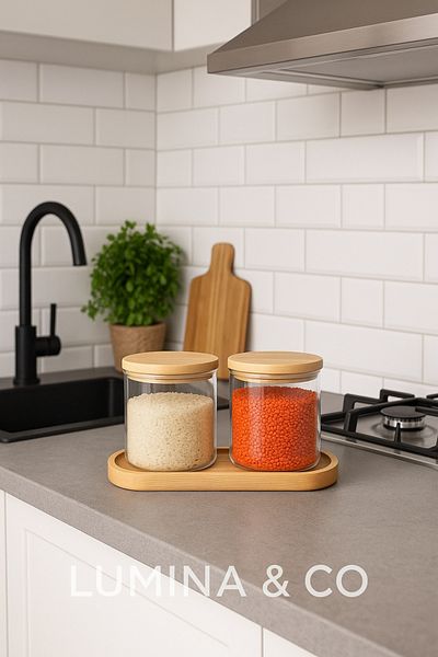 LUMİNA Set of 2 Bamboo Spice Jars - 2 Glass Spice Jars with Bamboo Lids 500 ml - 1 Bamboo Base