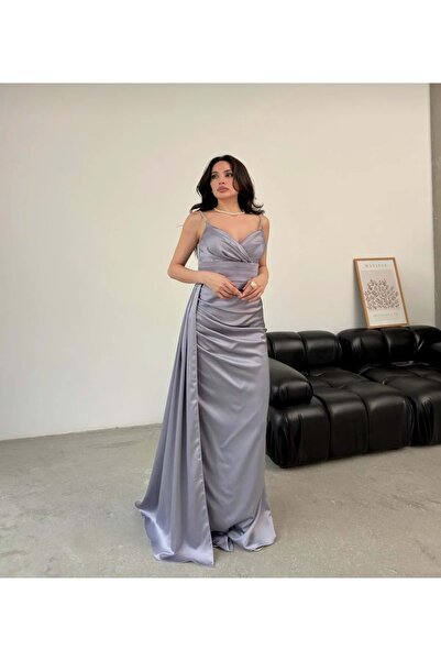 ETİQET 25Y1023 ABİYE AÇIK SATEN OMUZ ASKILI TAŞ GRİ