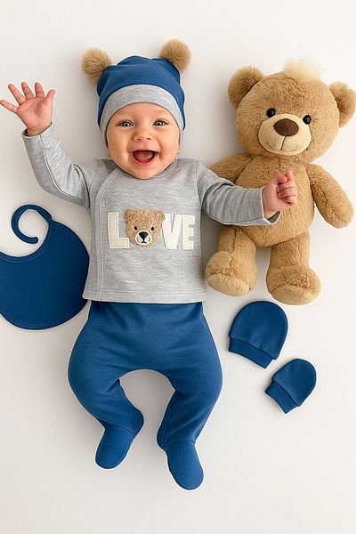 VERONA TARZ Teddy Bear Love Face 5-Piece Hospital Discharge Set Newborn Outfit