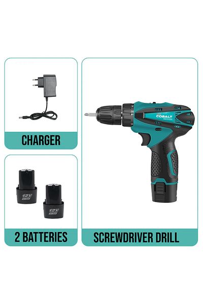 COBALT 12V Cordless Electric Screwdriver Drill Kit with 2 Batteries, Charger, 18+1 Torque