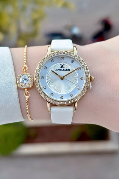 Daniel Klein Kasası Sarı Kordonu Beyaz Renk 24 Ay Garantili Deri Kordon Kadın...