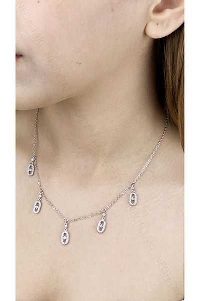 Neon Takı by Atalay Sensitivity Tag and Zircon Stone, Paper Clip, Dangle, Five, Steel Necklace 390, Silver Color