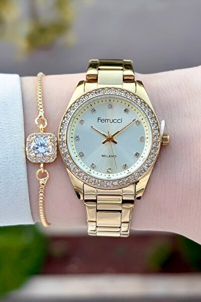 Ferrucci Sarı Renk 24 Ay Garantili Kadın Kol Saati Ve Bileklik
