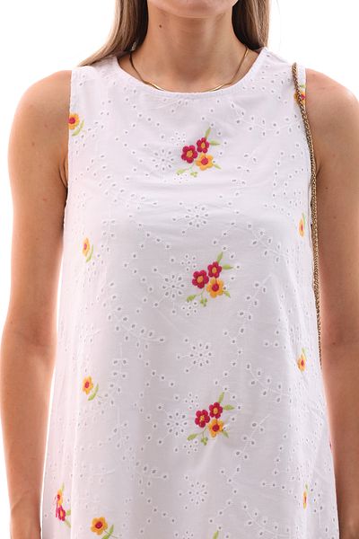 Shine Fine White Floral Embroidered Sleeveless Summer Dress