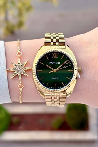 Ferrucci Kadranı Yeşil Kordonu Sarı Renk 24 Ay Garantili Kadın Kol Saati Ve Bileklik