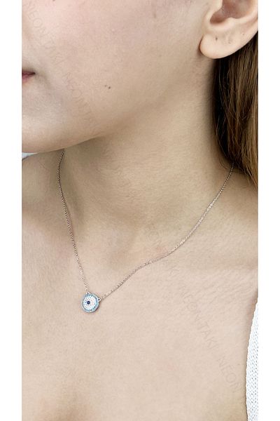 Neon Takı by Atalay Sensitivity Tag and Evil Eye Bead, Steel Necklace 392, Silver Color