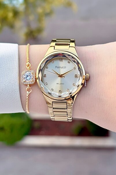 Ferrucci Sarı Renk 24 Ay Garantili Kadın Kol Saati Ve Bileklik