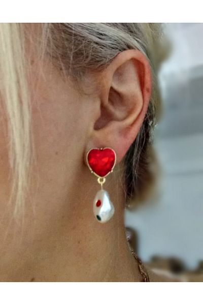 mos&more Gold Red Heart Pearl Stylish Women's Earrings