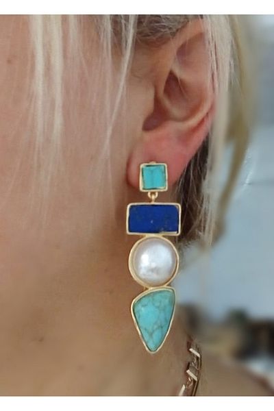 mos&more Blue Stylish Women's Earrings with Gold Pearl