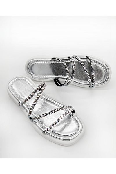 MAGGIO White Stoned Thin Stripe Women's Slippers - Suitable for Summer, Beach and Daily Vacation