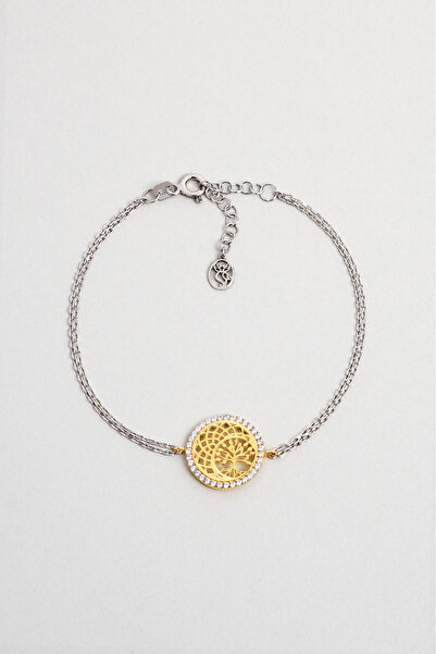 So CHIC... Hayat Ağacı 18 Ayar Sarı Ve Beyaz Altın Kaplama 19 Cm Gümüş Bileklik