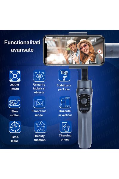 INOMEVIX Phone Stabilizer ® F10 Pro, 3-Axis, Bluetooth, Face Tracking, Tripod and Case Included