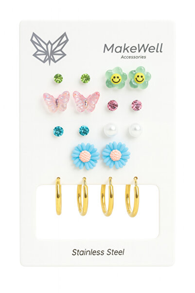 MakeWell Çelik Küpe Renk Atmaz Kararmaz Çelik Çiçekli ve Kelebekli Halka Çelik Küpe