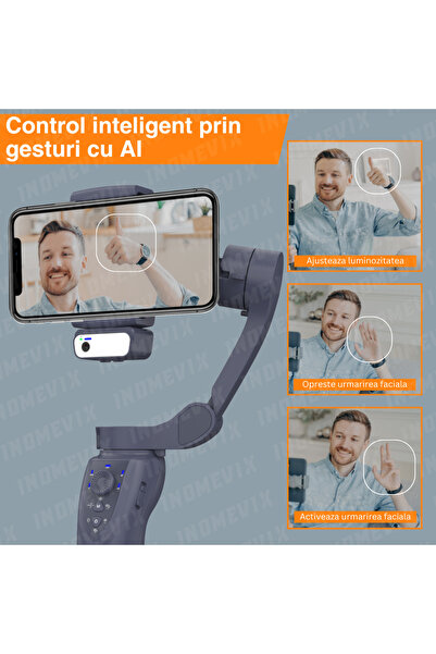 INOMEVIX Stabilizator imagine telefon 3 axe, control prin gesturi AI, urmarire faciala automata, gimbal stabilizare foto si video, LED, 9 moduri lumina, aplicatie iOS,Android, Bluetooth,trepied si husa incluse