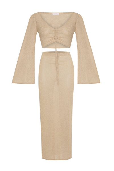 AQUELLA Simli Hardal Crop Top-Etek Takım