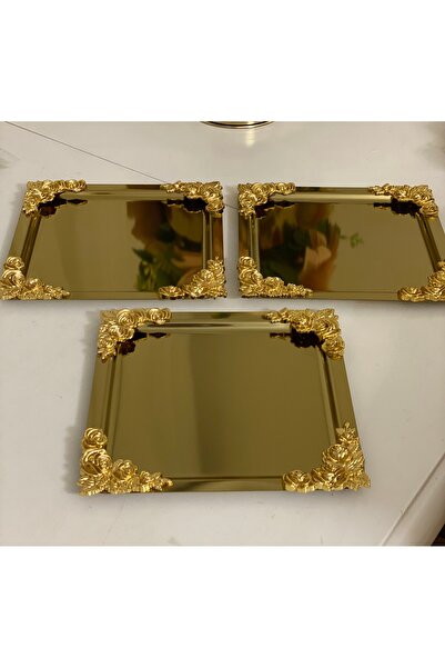 Elzemm store PASLANMAZ ÇELİK GOLD KARE 3 ADET DÖRT KENAR GÜLLÜ SUNUM TEPSİSİ