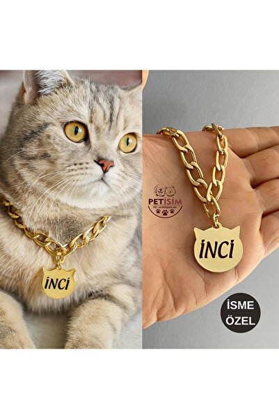 PETİSİM PET AKSESUARLARI Kedi Tasması Isimli Kedi Tasması Zincirli Tasma Paslanmaz Metal