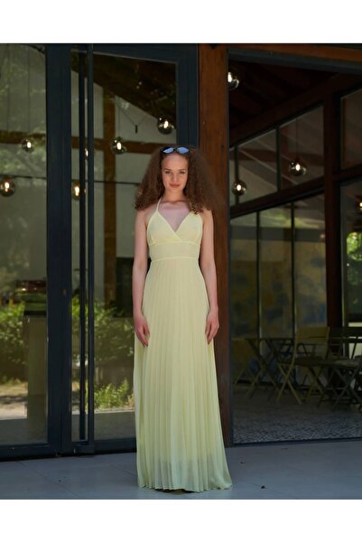 Meros Atelier Lined Back Part Elasticated Pleated Yellow Dress with Pleated Back Detail