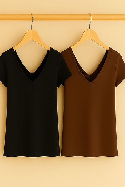 COTENCONCEPT 2 Pcs Front and Back V-Neck Basic Cotton T-Shirt
