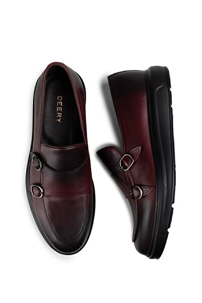 Deery Чоловічі комфортні мокасини з натуральної шкіри бордового кольору з подвійною пряжкою
