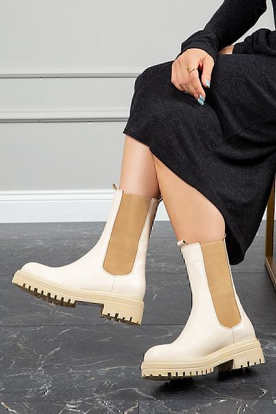 Deery Genuine Leather Beige Chelsea Women's Boots