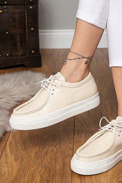 Deery Hakiki Deri Bej Sneaker Kadın Ayakkabı