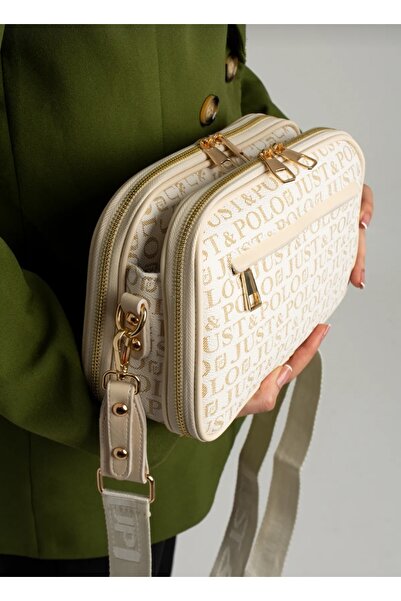 Just Polo JP Geantă Ouz pentru femei, cremă, cu 5 compartimente, cu curea lun...