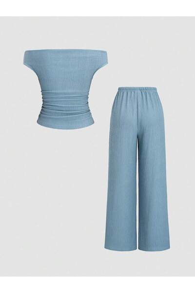 meren like your style Set de pantaloni largi, cu umăr jos, cu șnur lateral, albastru bebeluș