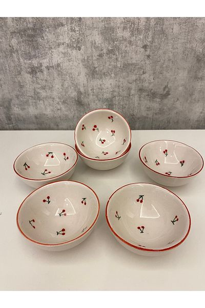 arı çini seramik Set of 6 Handmade Cherry Patterned Snack Bowl, Sauce Bowl, Jam Bowl