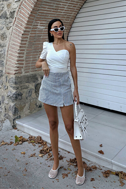 Fav Style Bluză de damă prințesă scurtă cu un singur mânecă cu guler inimă albă