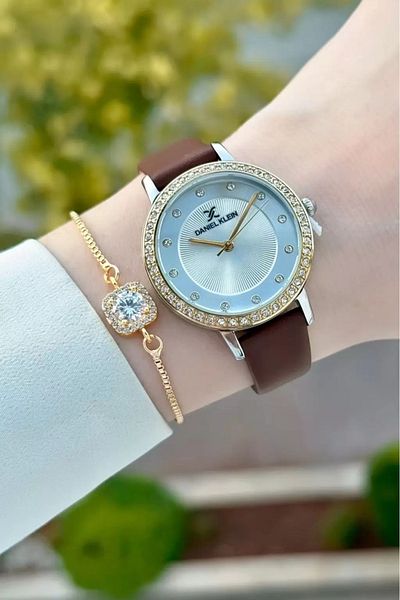 Daniel Klein Case Gold Cord Brown Color Adjustable Cord Women's Wrist Watch and Gift Bracelet