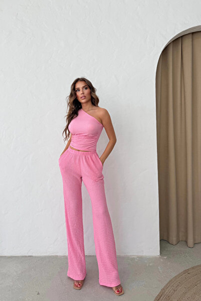 Aventien One Shoulder Seersucker Fabric Pink Blouse Pants Set