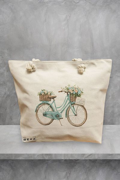 BEKZ Geanta de plaja, model The blue bicycle and flowers, 40x51 cm, Crem, BEKZ®