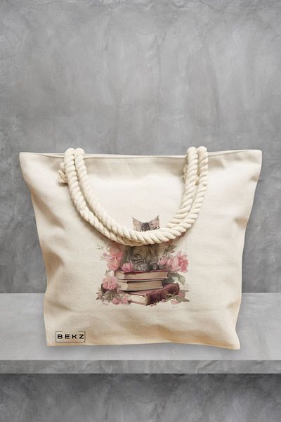 BEKZ Geanta de plaja, model Reading cat 12, 40x51 cm, Crem, BEKZ®