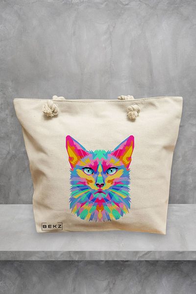 BEKZ Geanta de plaja, model Colorful Geometric Cat, 40x51 cm, Crem, BEKZ®