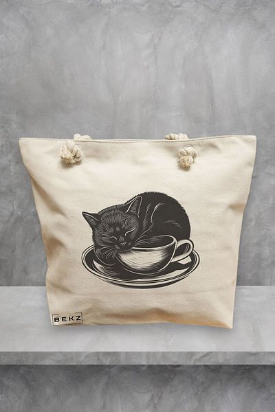 BEKZ Geanta de plaja, model Caffeine Cat 24, 40x51 cm, Crem, BEKZ®